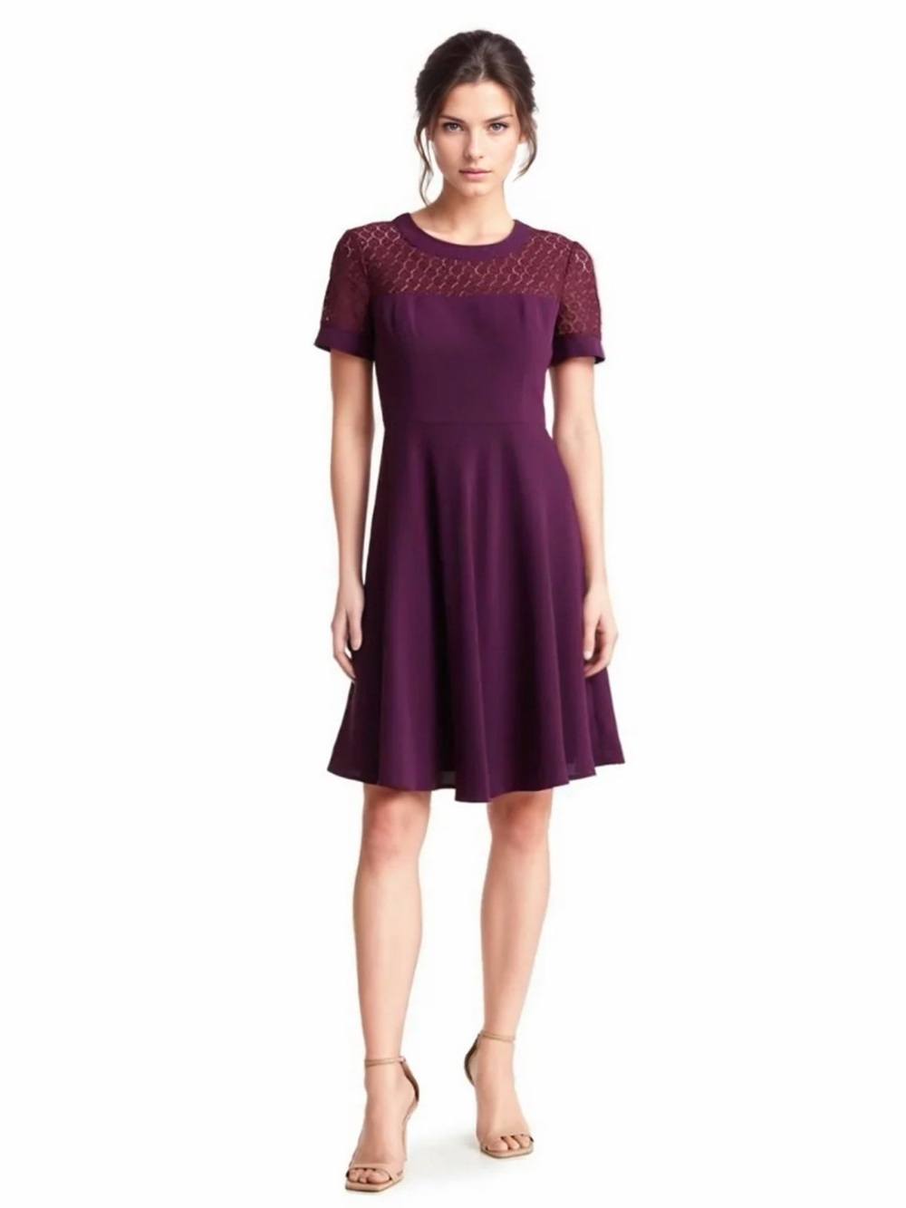 Focus by Shani Lace Yoke Fit and Flare Crepe Dress in Berry Purple Size 16